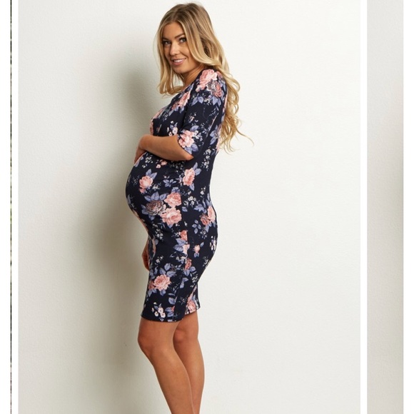 PinkBlush Maternity Navy Floral Fitted Dress - Picture 2 of 5